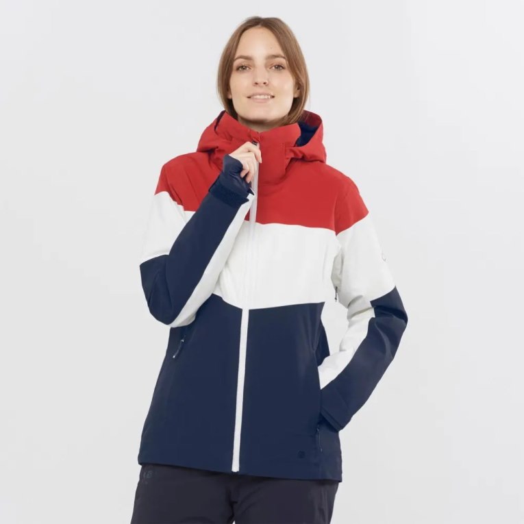 Red / White / Navy Salomon Slalom Insulated Hoodie Women\'s Ski Jackets | IE RS8563